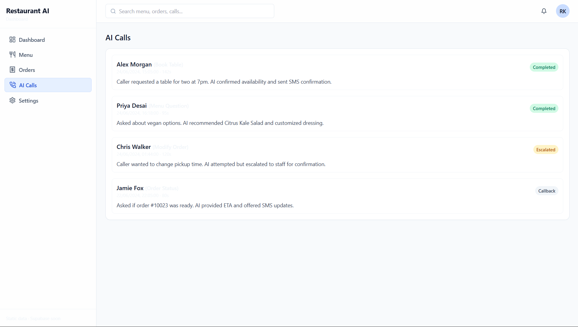Reserve AI calls view